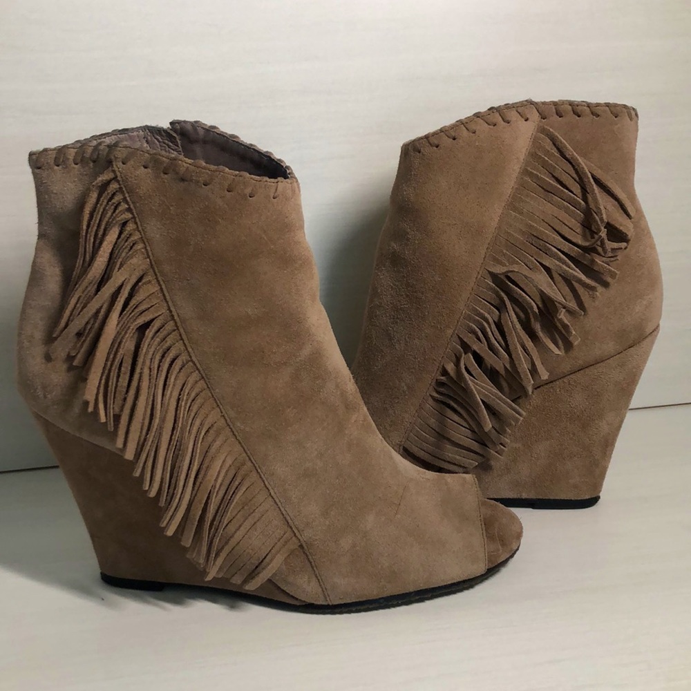 Vince Camuto Smoke Taupe Open Toe Wedge Ankle Boot with Fringe